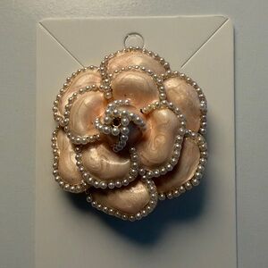 Pale Pink Enamel and Faux Pearl Camellia Flower Brooch